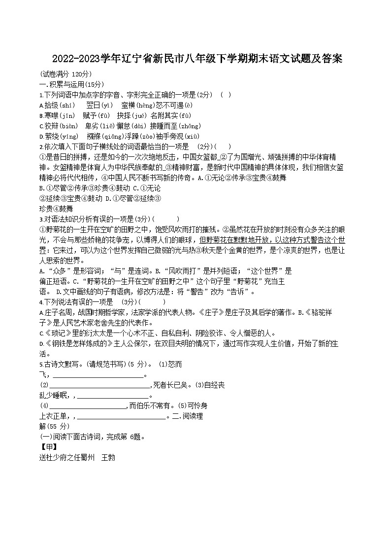 2022-2023学年辽宁省新民市八年级下学期期末语文试题及答案01