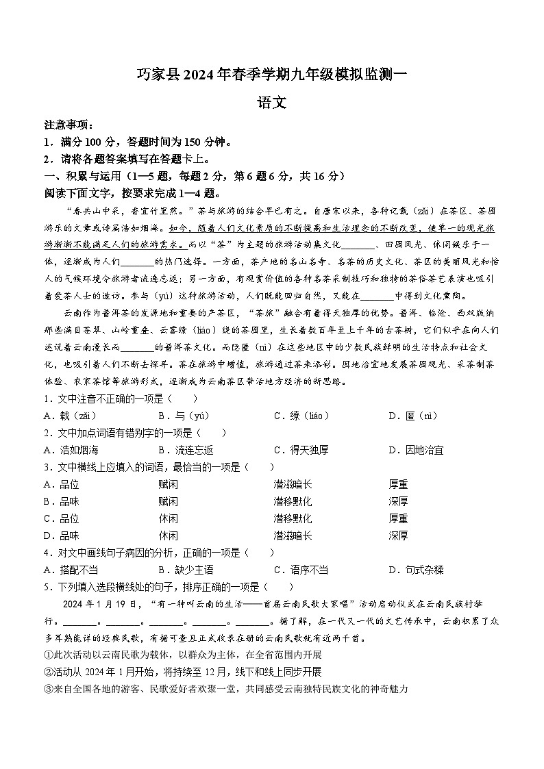 2024年云南省昭通市巧家县中考一模语文试题01