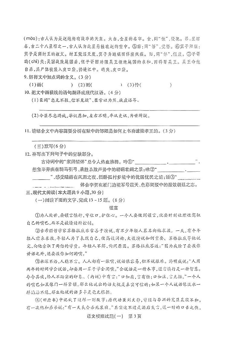 江西省大余县南安中学2023-2024学年九年级下学期一模考试语文试题第3页