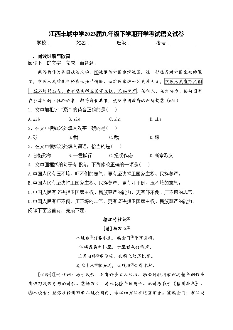 江西丰城中学2023届九年级下学期开学考试语文试卷(含答案)01