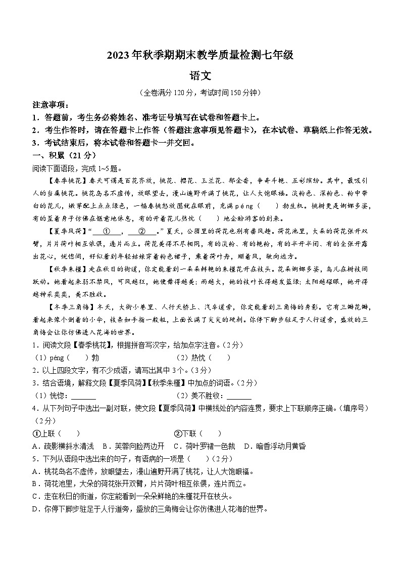 广西壮族自治区贵港市港南区2023-2024学年七年级上学期期末语文试题第1页