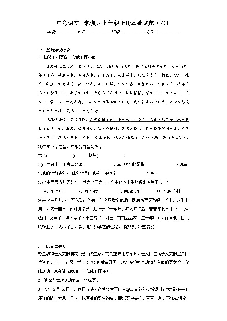 中考语文一轮复习七年级上册基础试题（六）第1页
