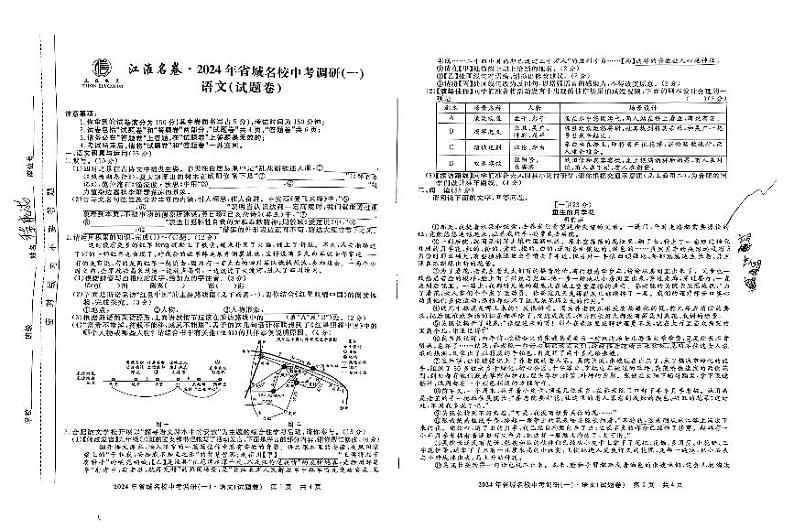 2024年安徽省阜阳市重点中学中考一模语文试卷第1页