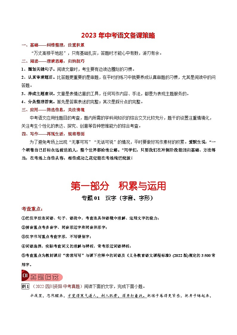 专题01 汉字（字音、字形）-2023年中考总复习真题探究与变式训练（全国通用）（原卷版）第1页