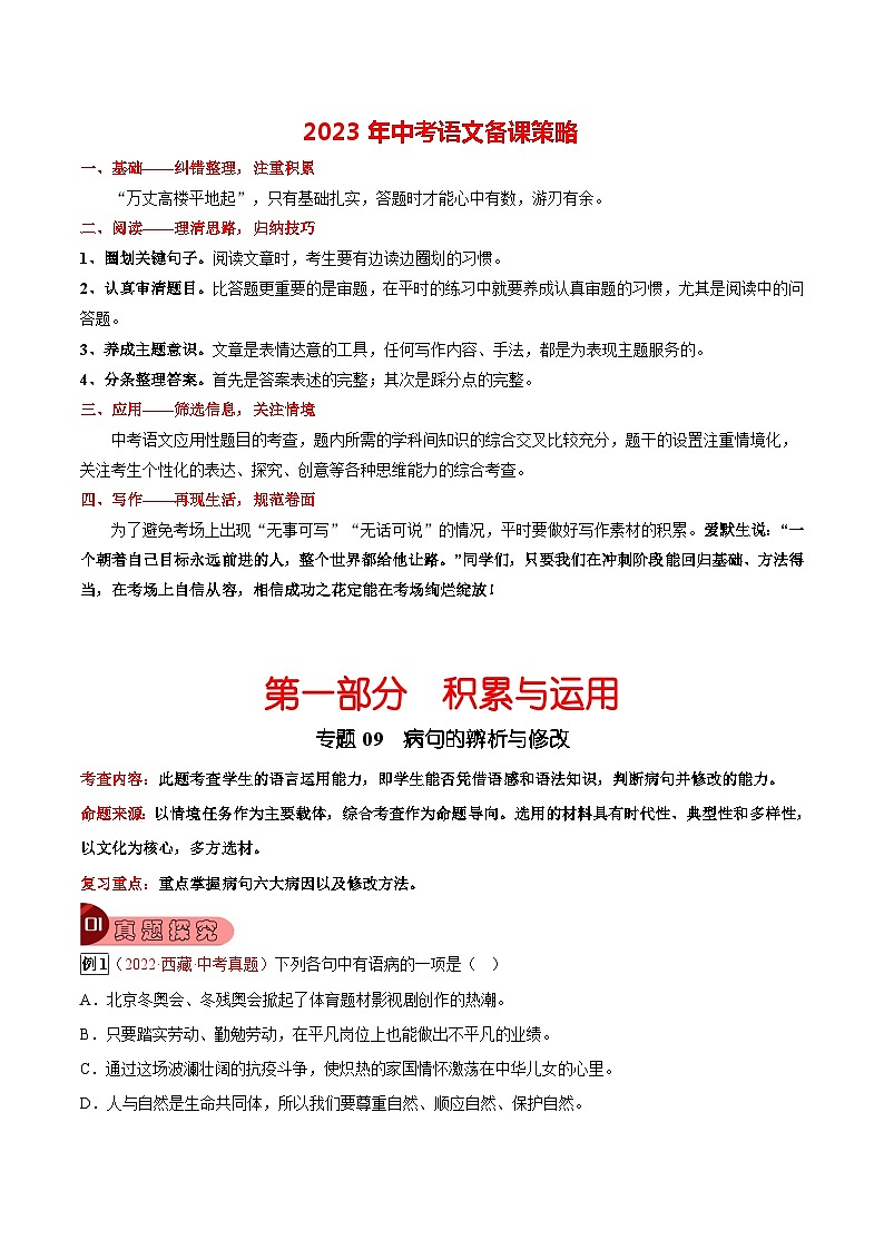 专题09 病句的修改与辨析-2023年中考总复习真题探究与变式训练（全国通用）（原卷版）第1页