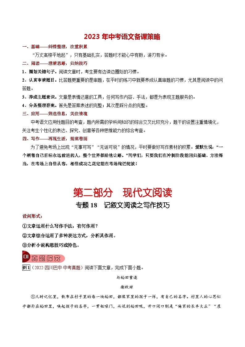 专题18 记叙文阅读之写作技巧-2023年中考总复习真题探究与变式训练（全国通用）（解析版）第1页