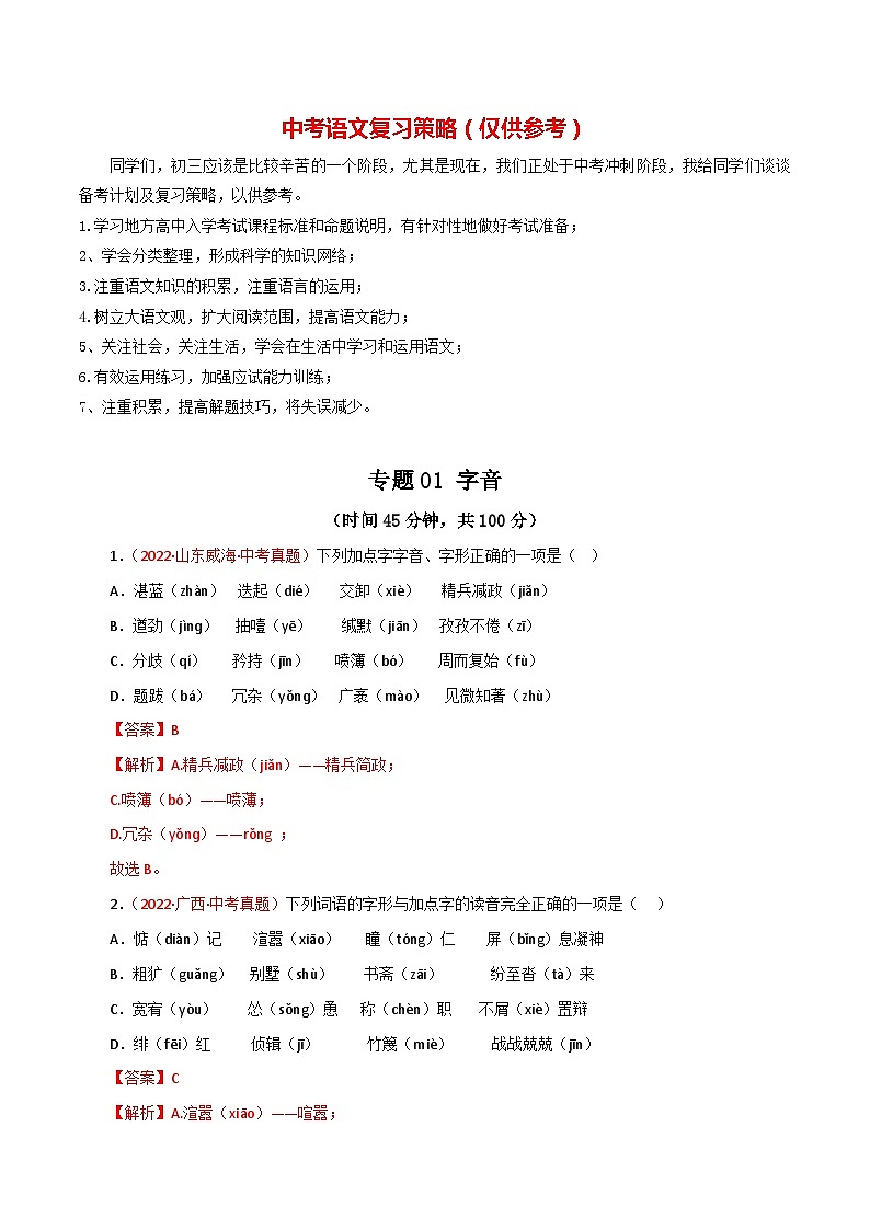 最新中考语文一轮复习讲练测  专题01 字音（测试）01