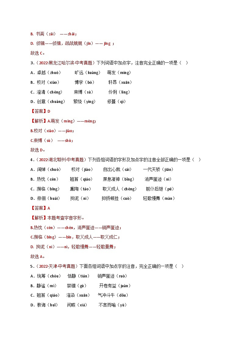 最新中考语文一轮复习讲练测  专题01 字音（测试）02