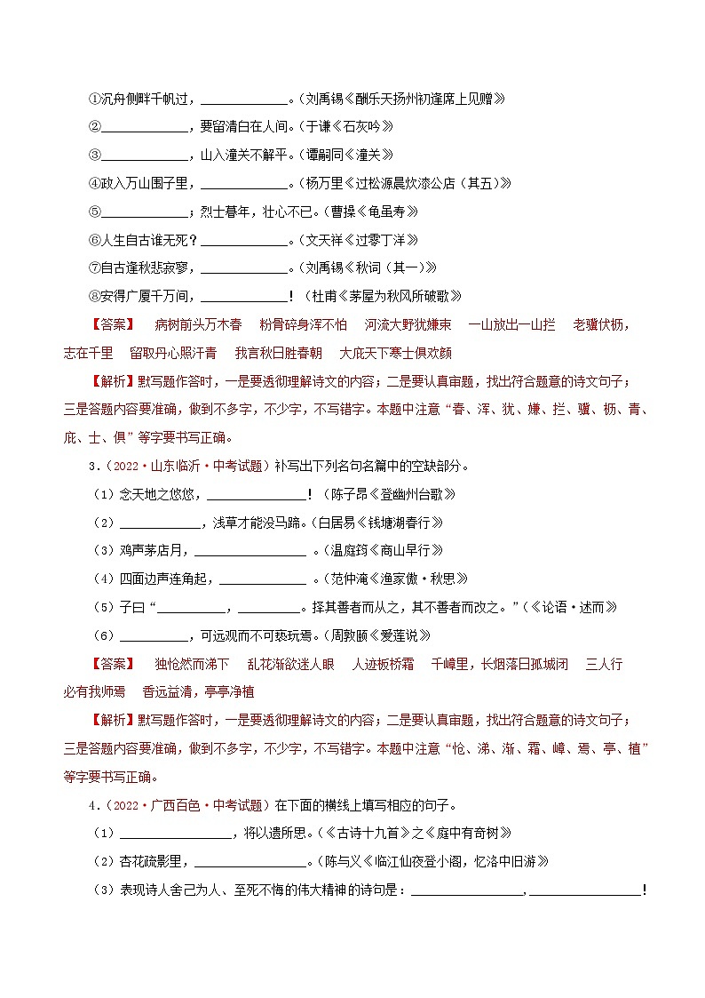 专题09 古诗文默写（测试）－2023年中考语文一轮复习讲练测（部编版）（解析版）第2页