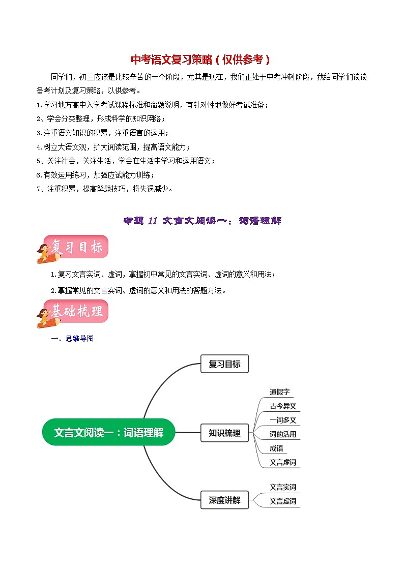 专题11 文言文阅读一：词语理解（讲练）－2023年中考语文一轮复习讲练测（部编版）（原卷版）第1页