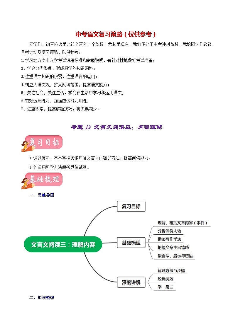 专题13 文言文阅读三、内容的理解（讲练）－2023年中考语文一轮复习讲练测（部编版）（原卷版）第1页