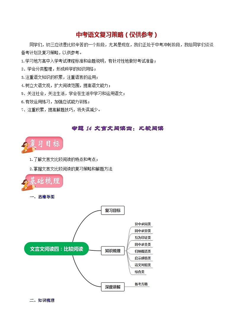 最新中考语文一轮复习讲练测  专题14 文言文阅读四：对比阅读（讲练）01