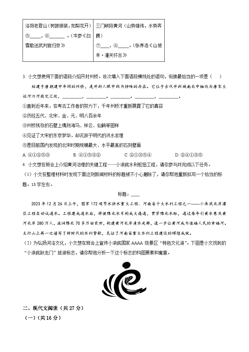 2024年河南省许昌市禹州市中考一模语文试题（原卷版+解析版）02