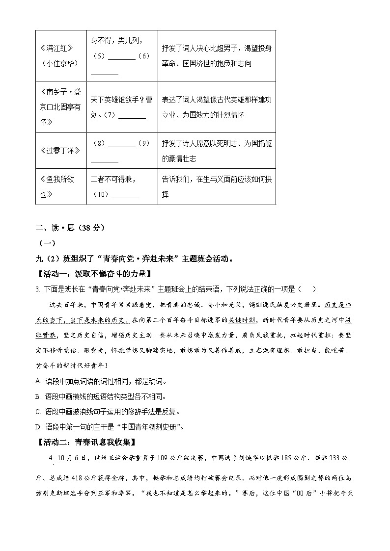 2024年山西省晋中市昔阳县九年级中考一模语文试题（原卷版+解析版）02