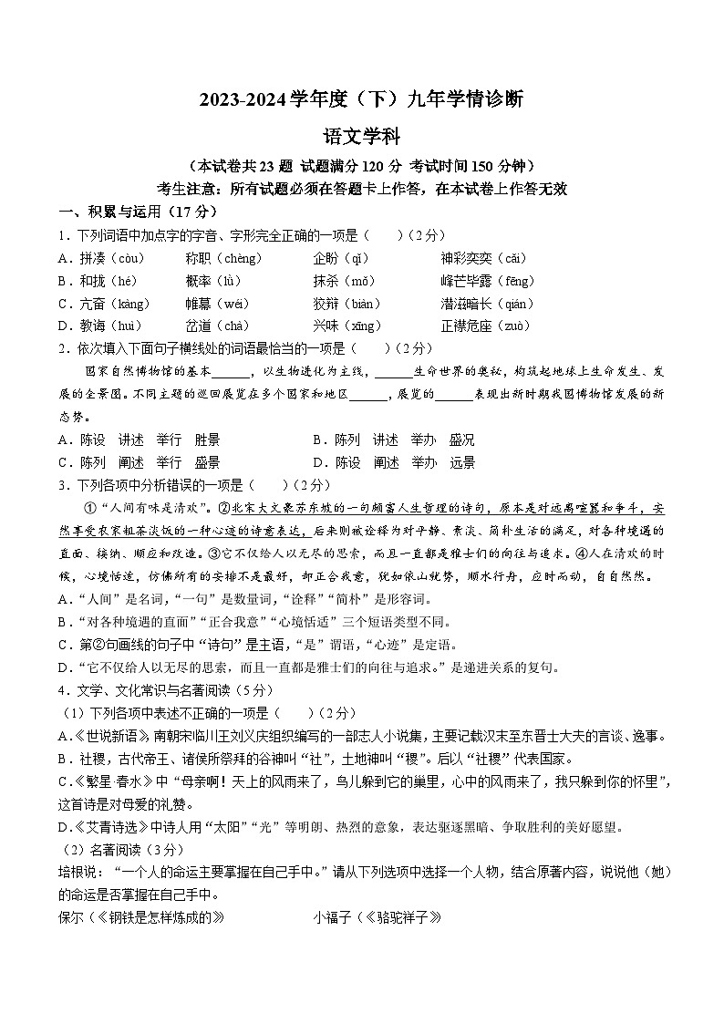 2024年辽宁省沈阳市大东区中考模拟语文试题01
