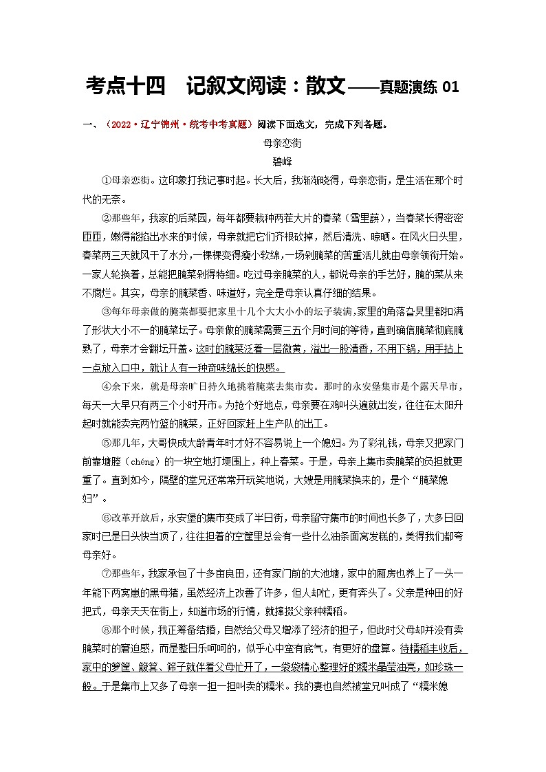 中考语文一轮大单元复习考点十四记叙文阅读：散文——真题演练01(原卷版+解析)第1页