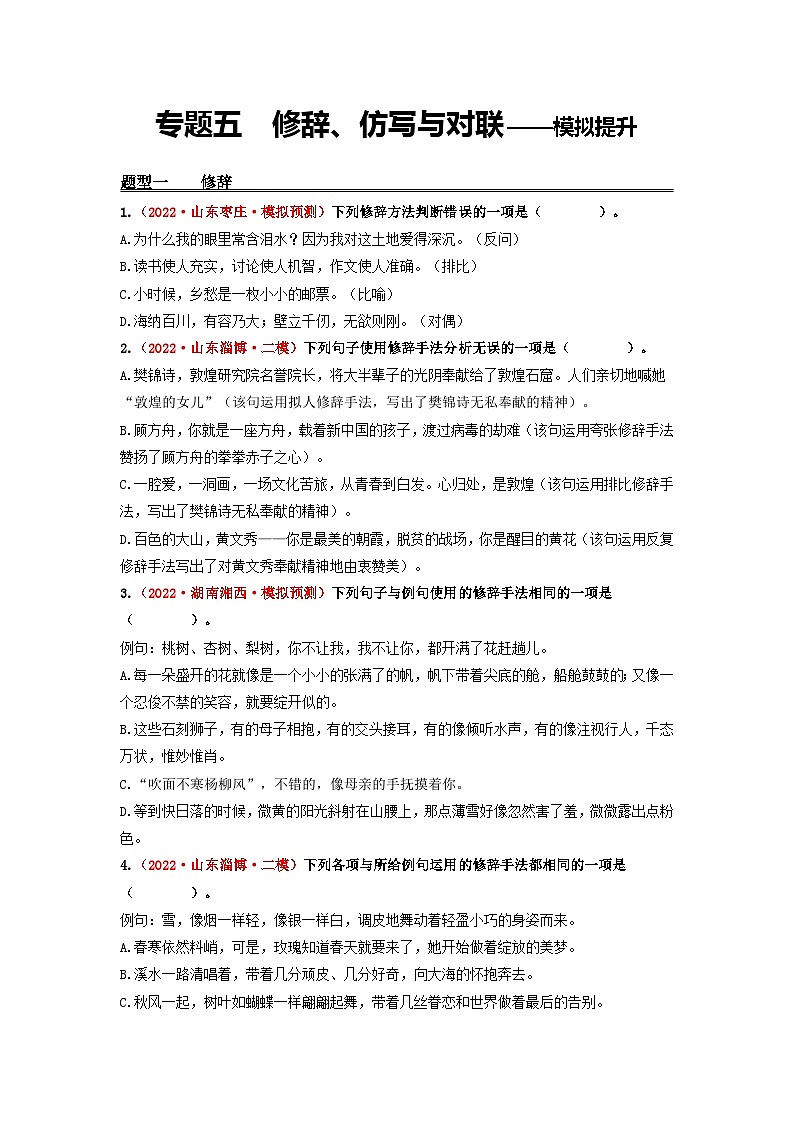 中考语文一轮大单元复习专题五修辞、仿写与对联——模拟提升(原卷版+解析)第1页