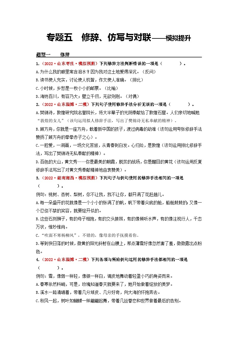 中考语文一轮大单元复习专题五修辞、仿写与对联——模拟提升(原卷版+解析)01