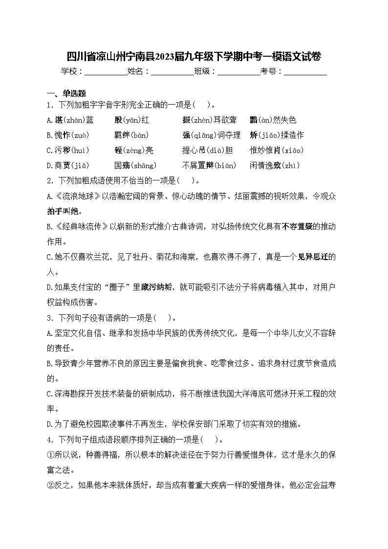 四川省凉山州宁南县2023届九年级下学期中考一模语文试卷(含答案)01