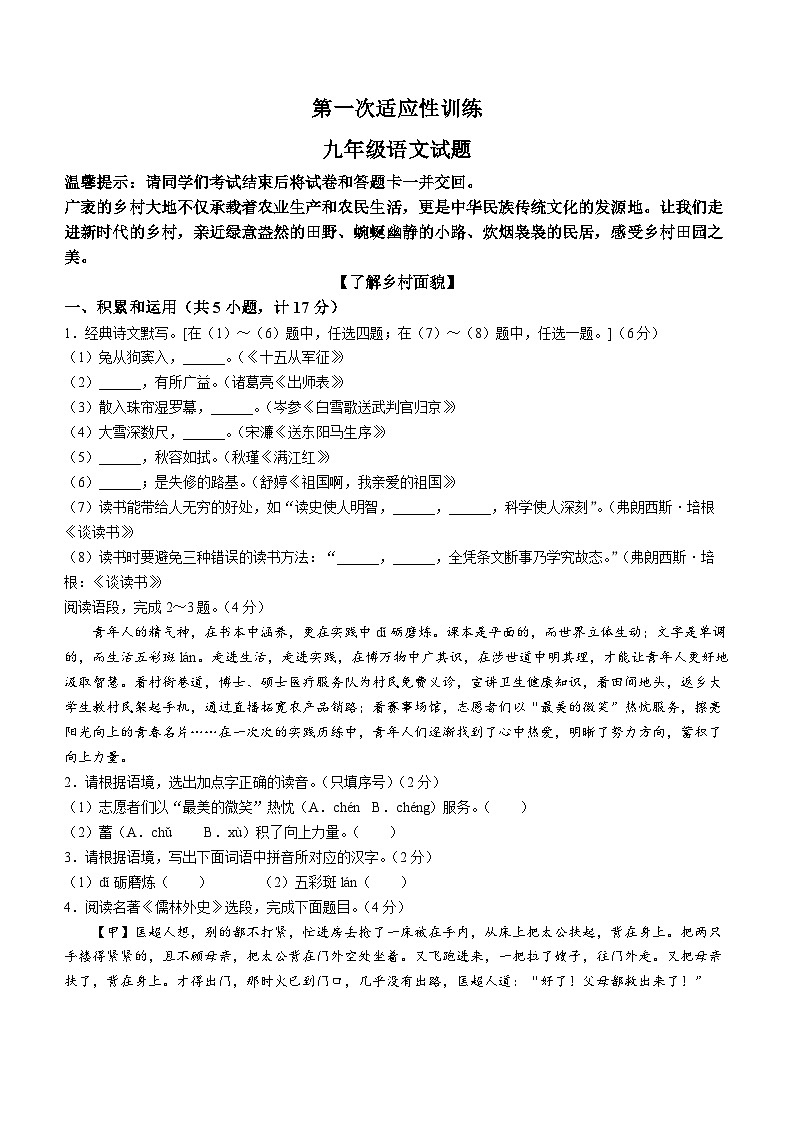 2024年陕西省西安市部分学校中考一模语文试题01