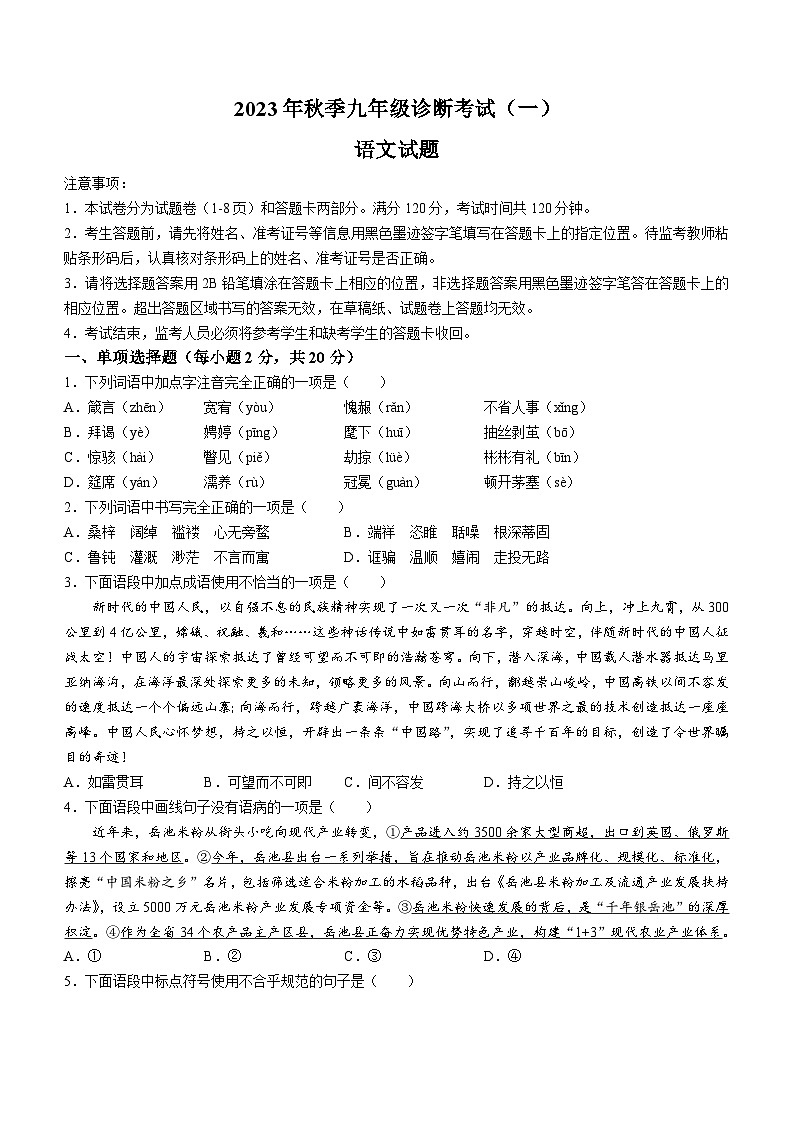 2024年四川省广安市岳池县中考一模语文试题第1页
