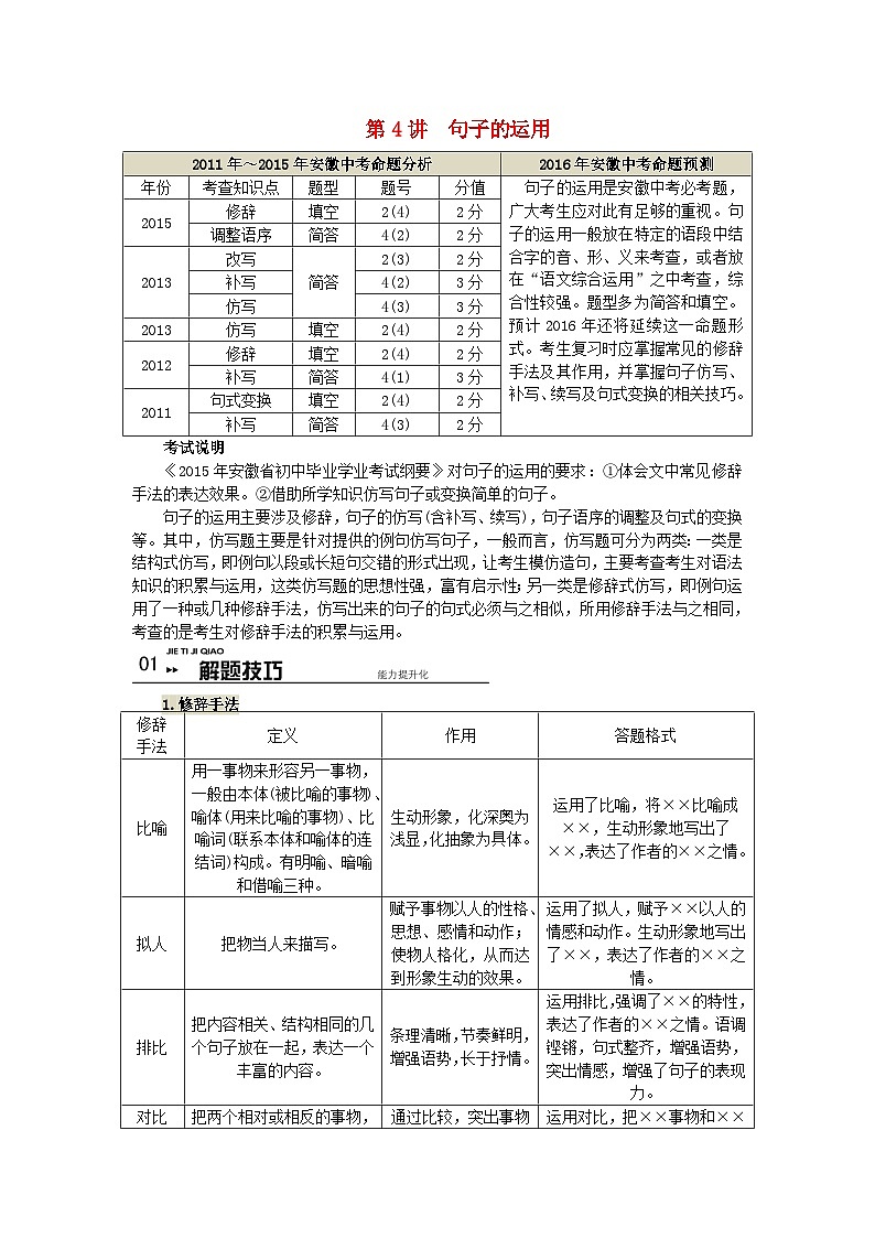 中考语文总复习 专项复习资料 第4讲 句子的运用素材第1页