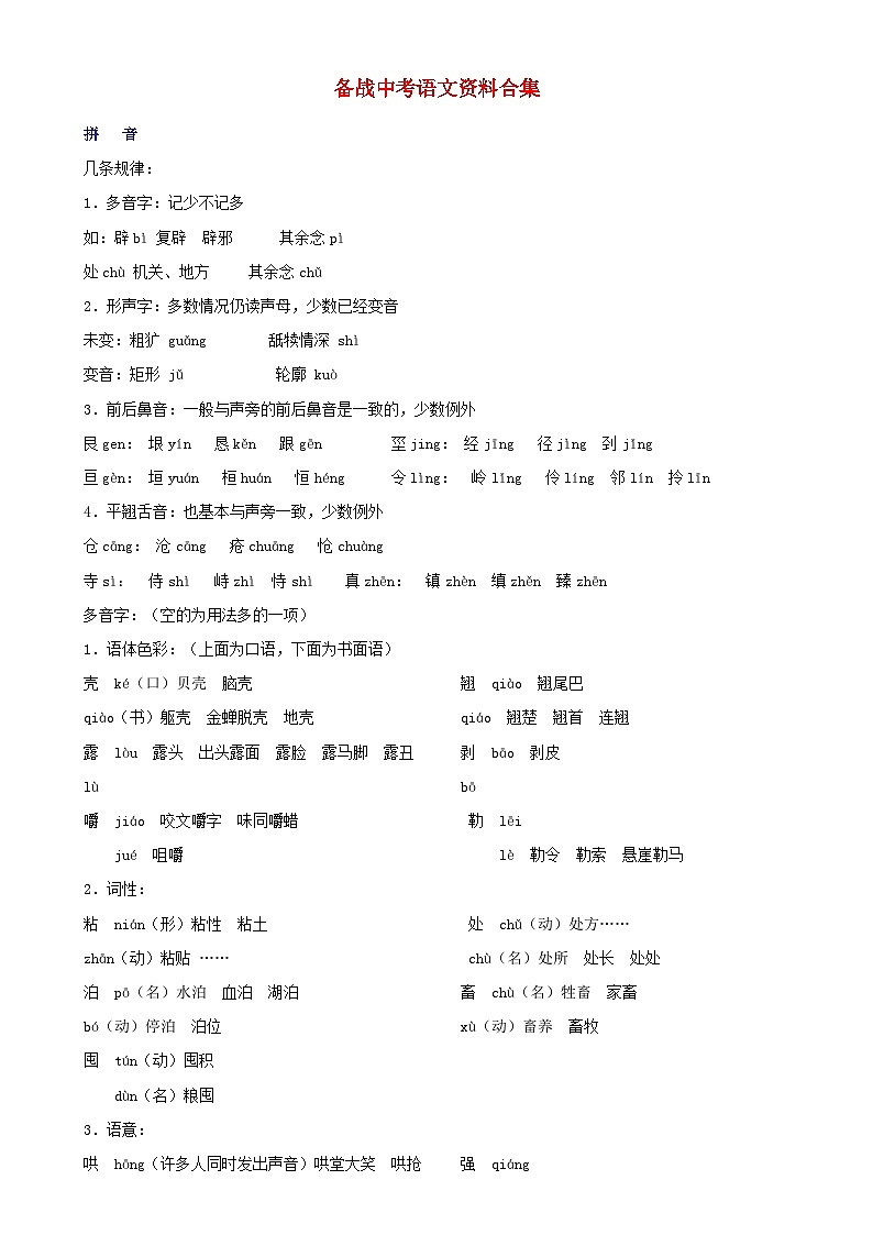 中考语文总复习 专项复习资料 备战资料合集素材第1页