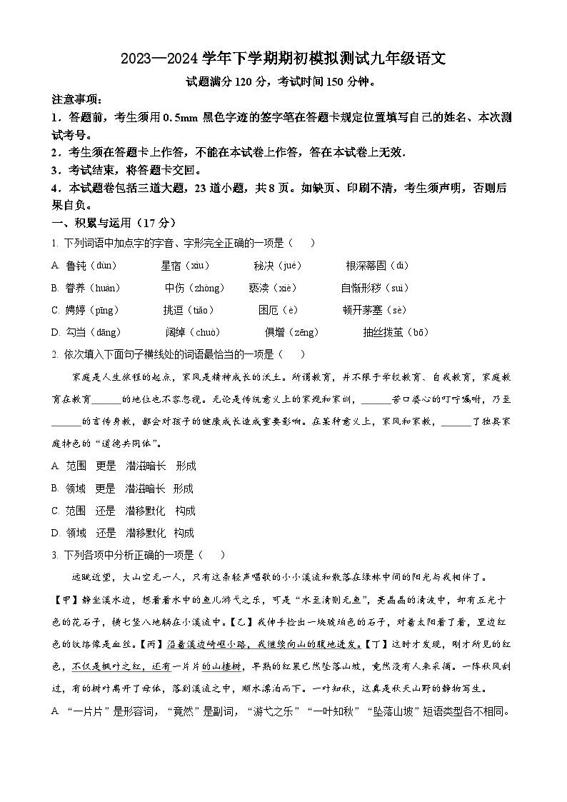 辽宁省沈阳市浑南区2023-2024学年九年级下学期开学测试语文试题（原卷版+解析版）01