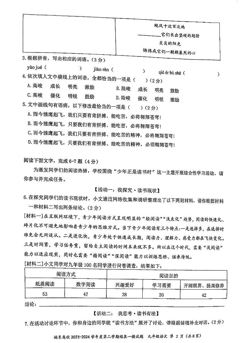 2024年广东省江门市福泉奥林匹克学校中考一模语文试题02
