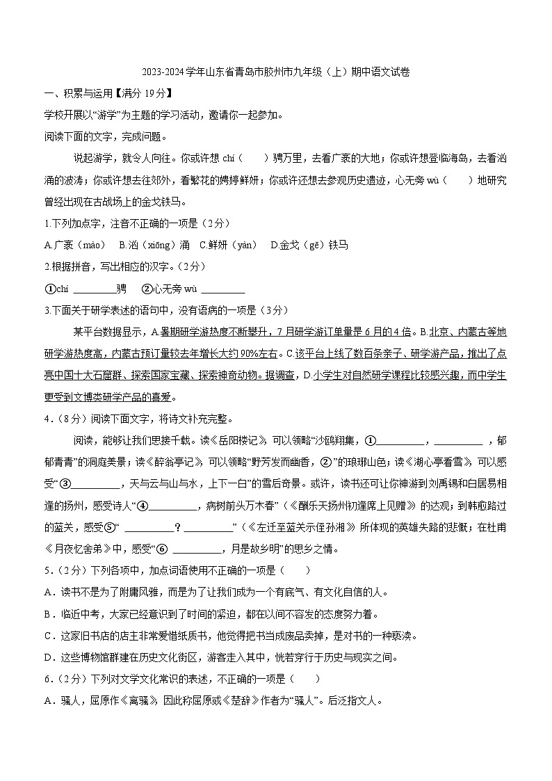 山东省青岛市胶州市2023-2024学年九年级上学期期中语文试卷（含答案）.doc山东省青岛市胶州市2023-2024学年九年级上学期期中语文试卷（含答01