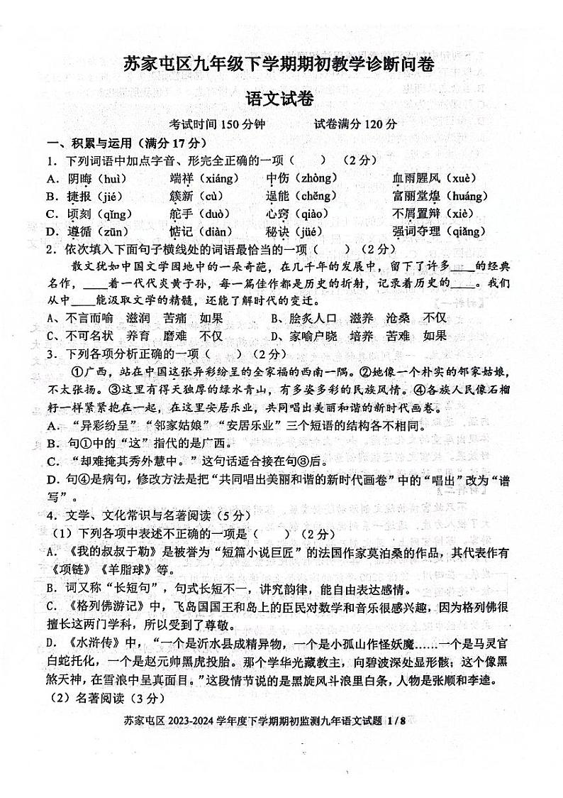 辽宁省沈阳市苏家屯区2023-2024学年九年级下学期开学考语文试卷01