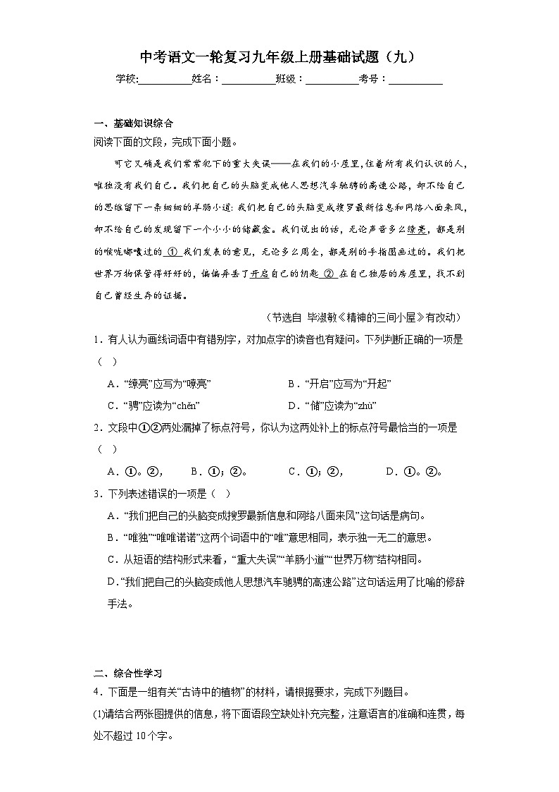 中考语文一轮复习九年级上册基础试题（九）第1页