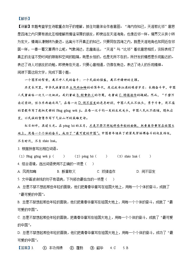 广东省惠东县2023-2024学年九年级下学期开学县统考语文试题（原卷版+解析版）02