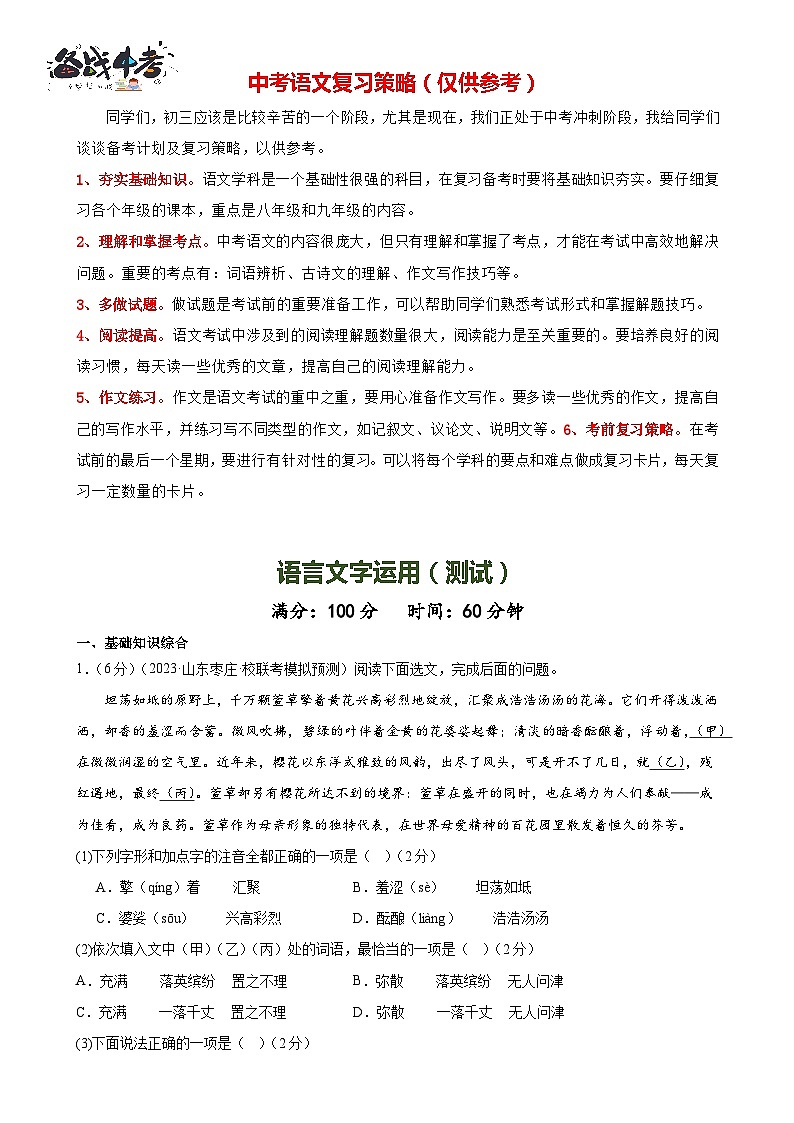 语言文字运用（测试）-2024年中考语文一轮复习讲练测（全国通用）（解析版）第1页