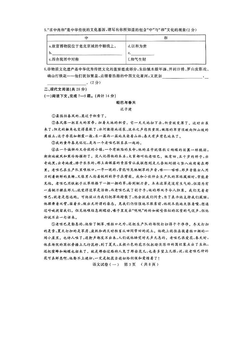 2024年河南省驻马店市中考一模语文试题03
