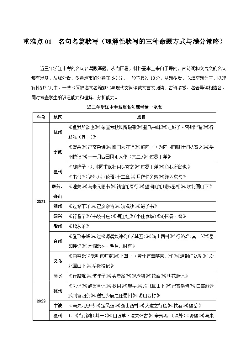 重难点01  名句名篇默写（理解性默写的三种命题方式与满分策略）（学生版）第1页