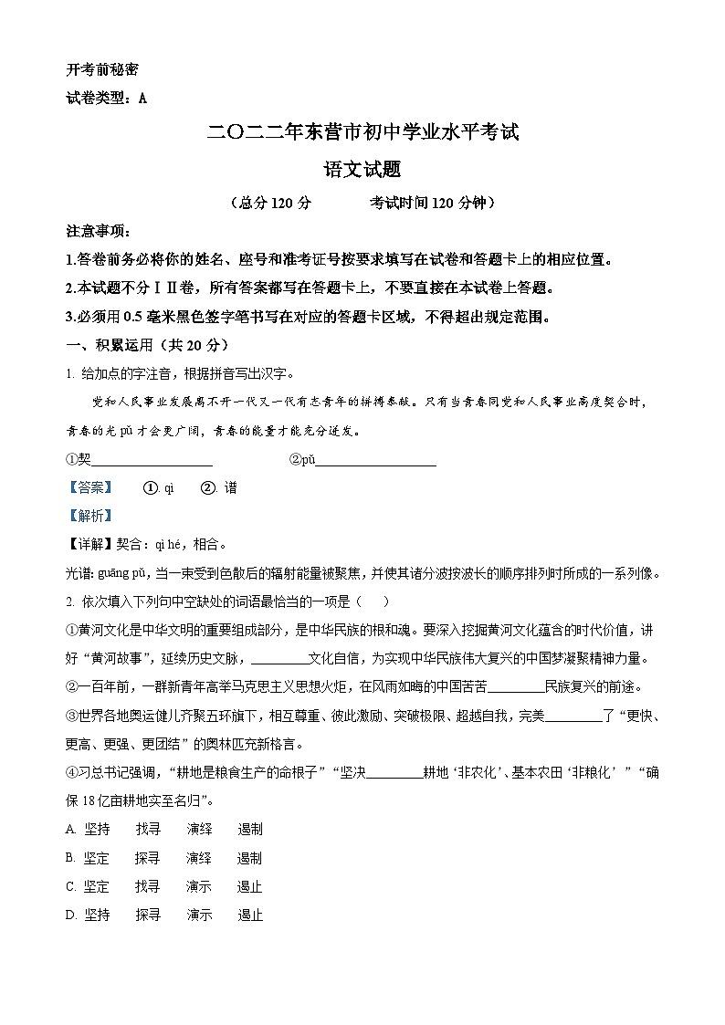 2022年山东省东营市中考语文真题（含解析）01
