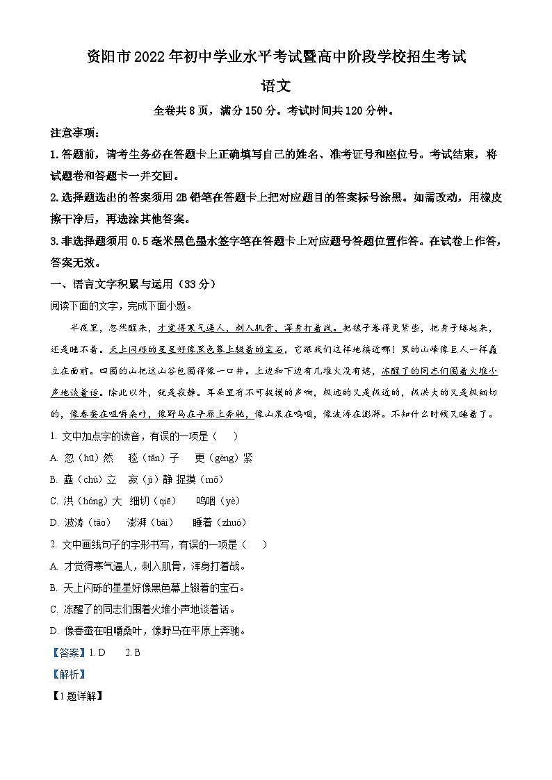 2022年四川省资阳市中考语文试题（含解析）01