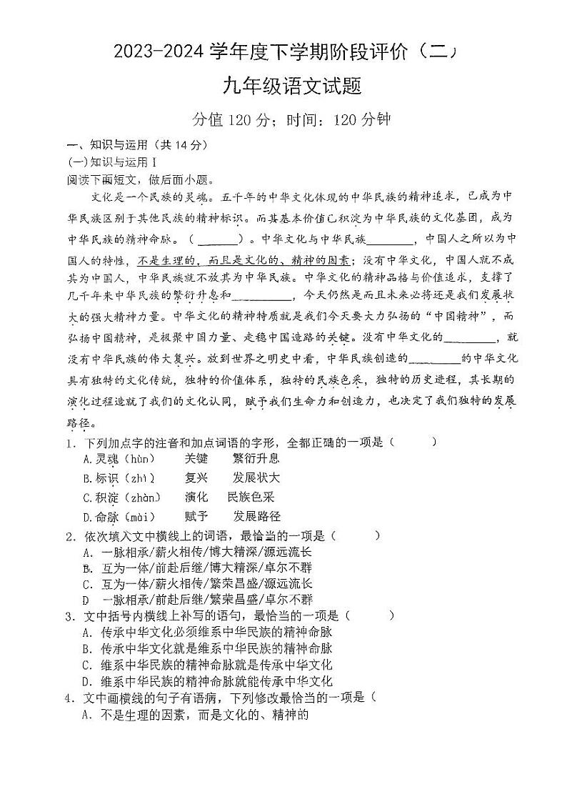 山东省日照市曲阜师范大学附属中学中学2023-2024学年九年级下学期3月月考语文试卷01