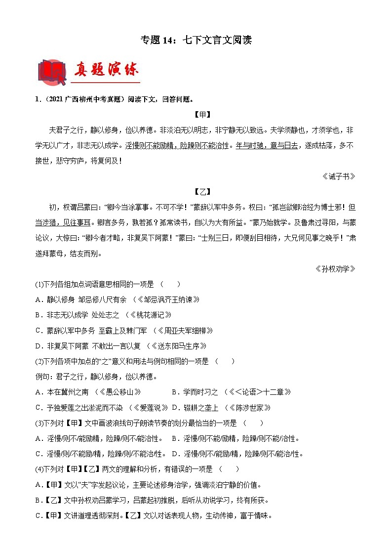 中考语文一轮复习通关检测专题14：七下文言文阅读（含解析）第1页
