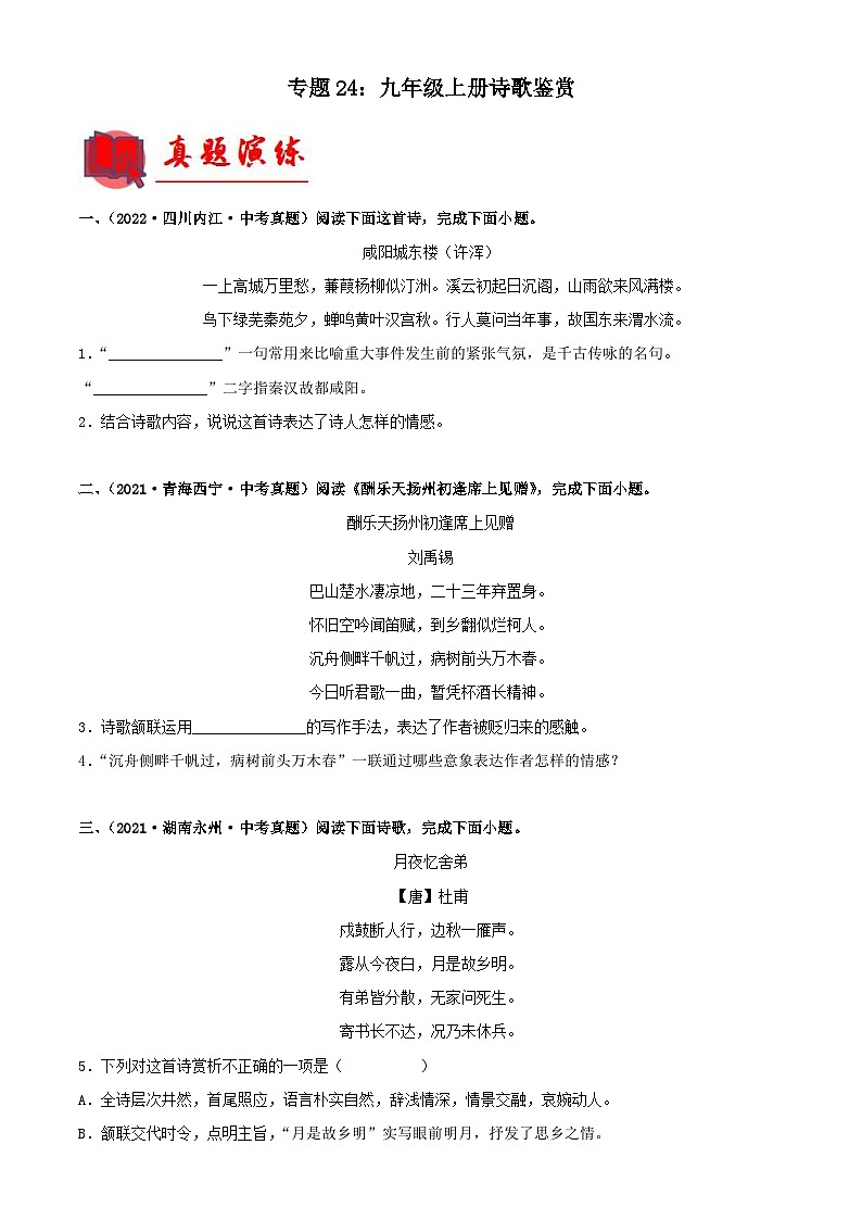 中考语文一轮复习通关检测专题24：九年级上册诗歌鉴赏（含解析）第1页