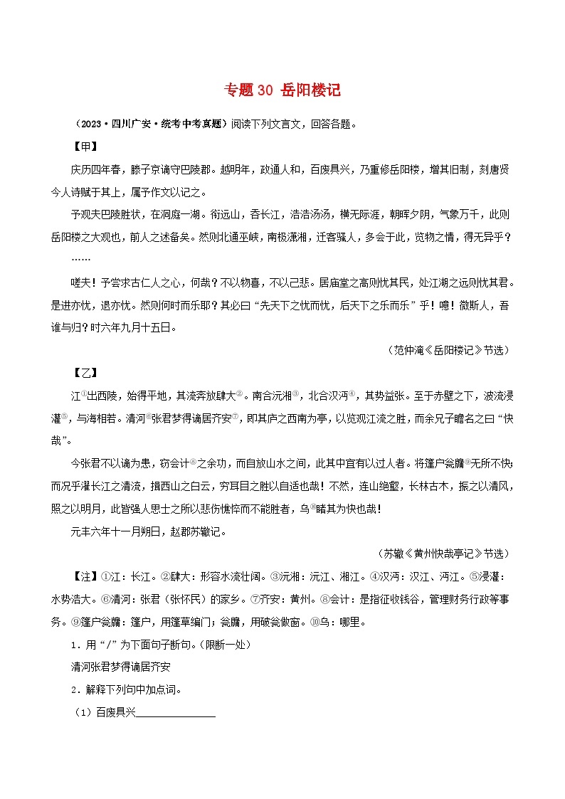 中考语文二轮复习 文言文对比阅读 专题30 岳阳楼记（含解析）01