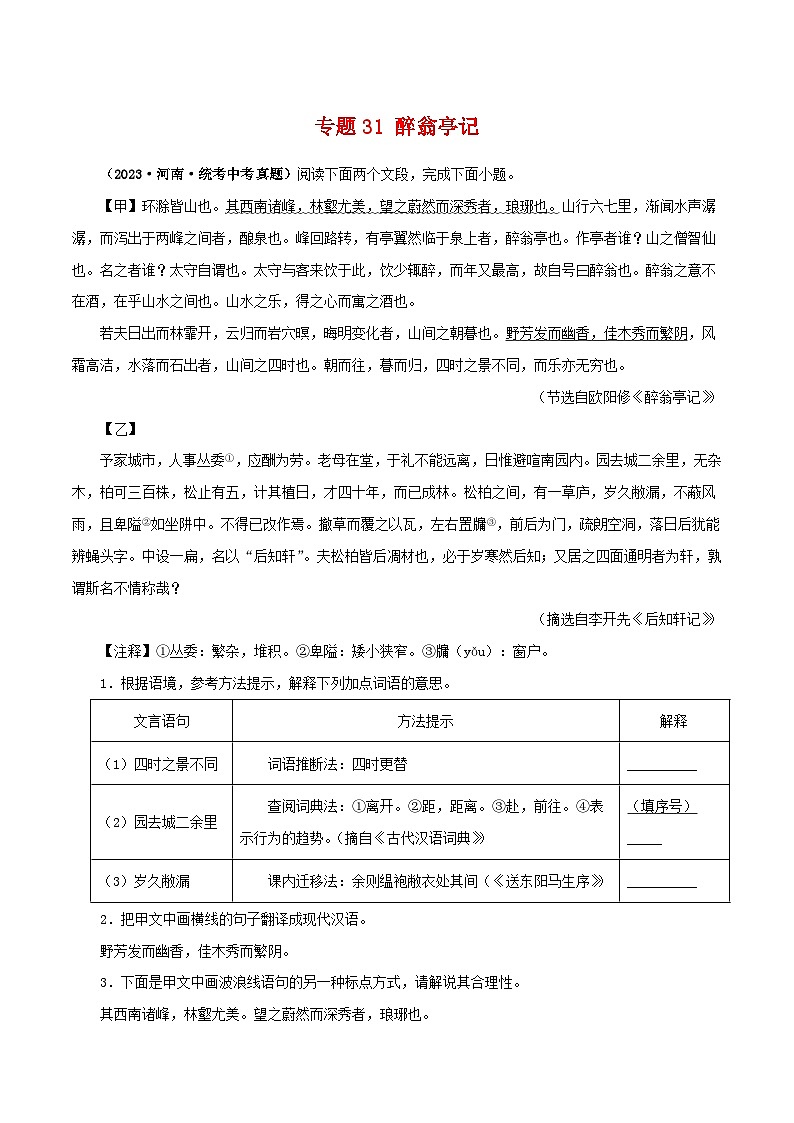 中考语文二轮复习 文言文对比阅读 专题31 醉翁亭记（含解析）01