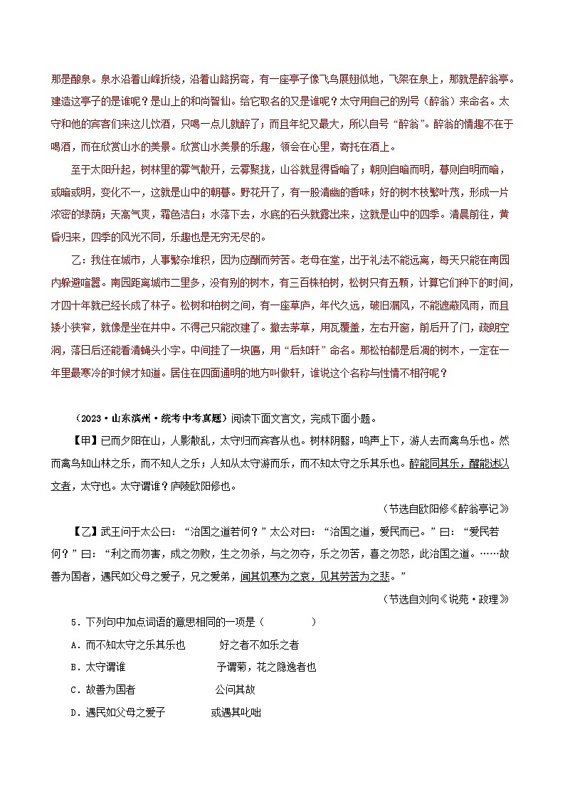 中考语文二轮复习 文言文对比阅读 专题31 醉翁亭记（含解析）03