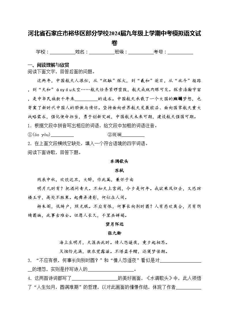 河北省石家庄市裕华区部分学校2024届九年级上学期中考模拟语文试卷(含答案)01