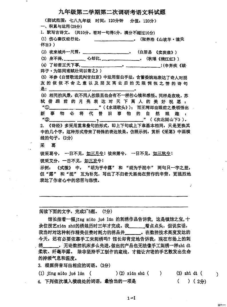 广东省惠州市惠阳区惠阳中山中学2023-2024学年九年级下学期3月月考语文试题01