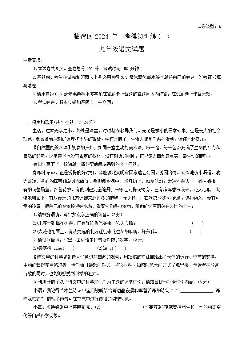 2024年陕西省渭南市富平县中考一模语文试题01