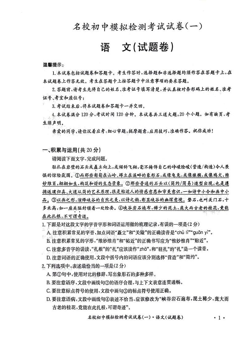 2024年湖南省邵阳市新邵县小塘镇中考一模语文试题01