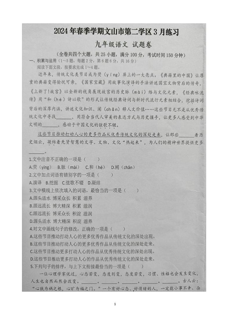 云南省文山州文山市第二学区2023—2024学年九年级下学期3月练习语文试卷第1页