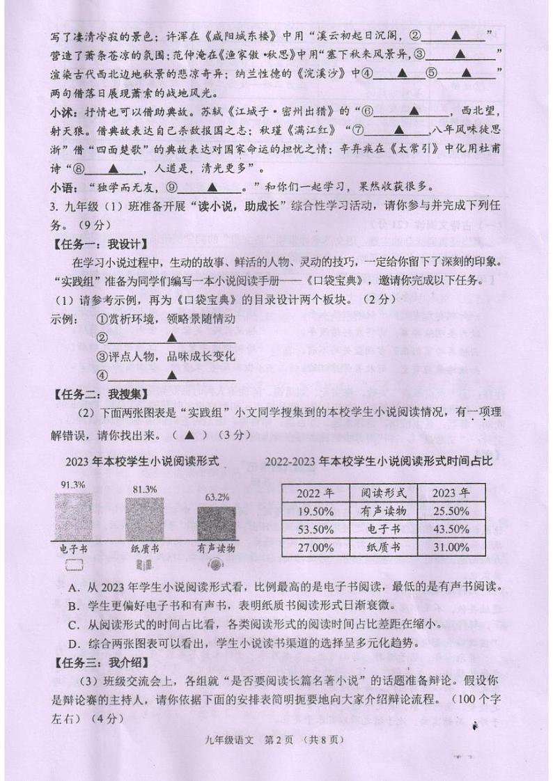 江苏省宿迁市沭阳县2023-2024学年九年级上学期1月期末考试语文试题02